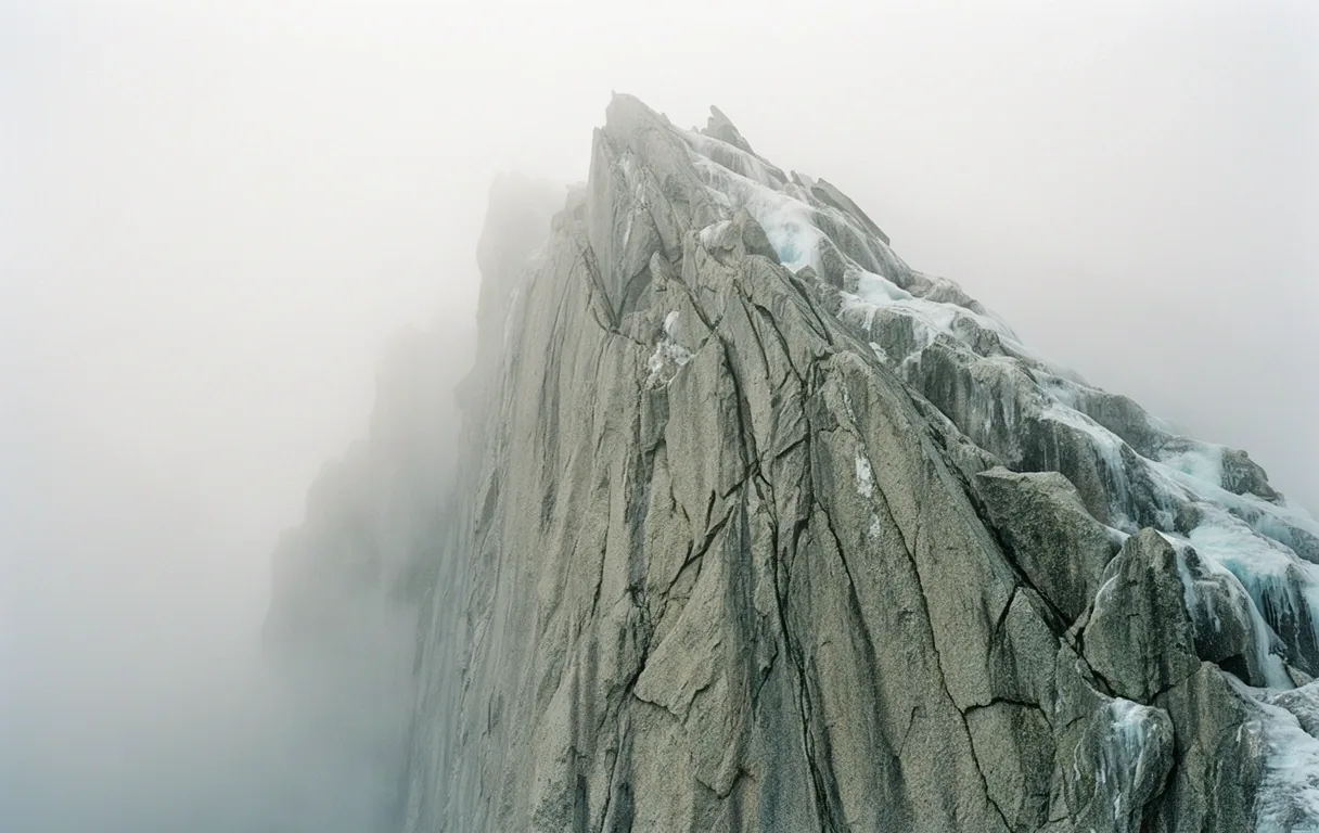 Alpine granite ridge in mist